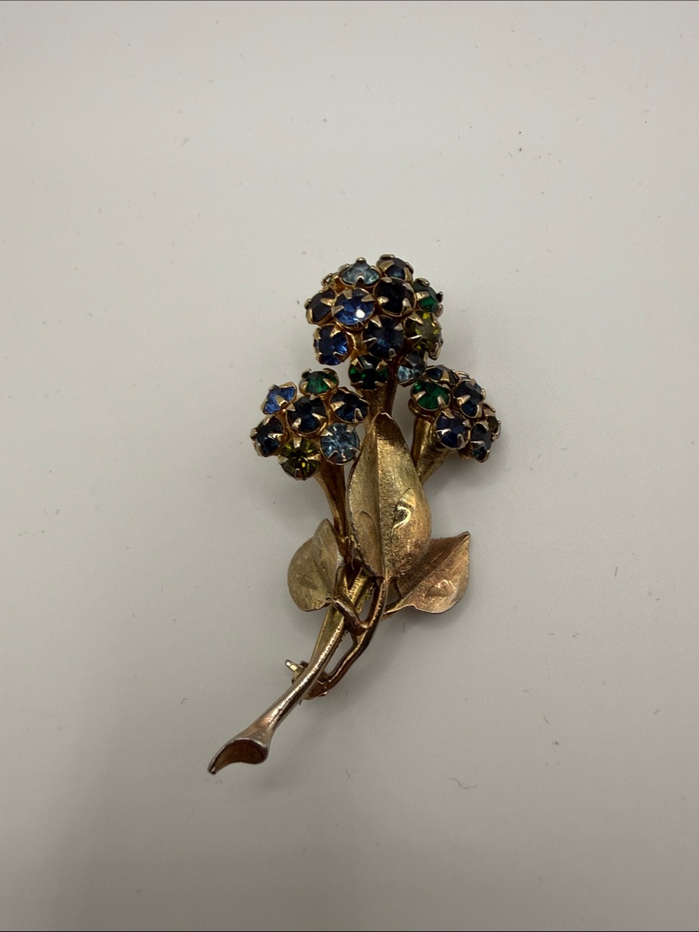Vintage Gold Blue Green Rhinestone Multicolor Long Stem Bouquet of Flower Brooch